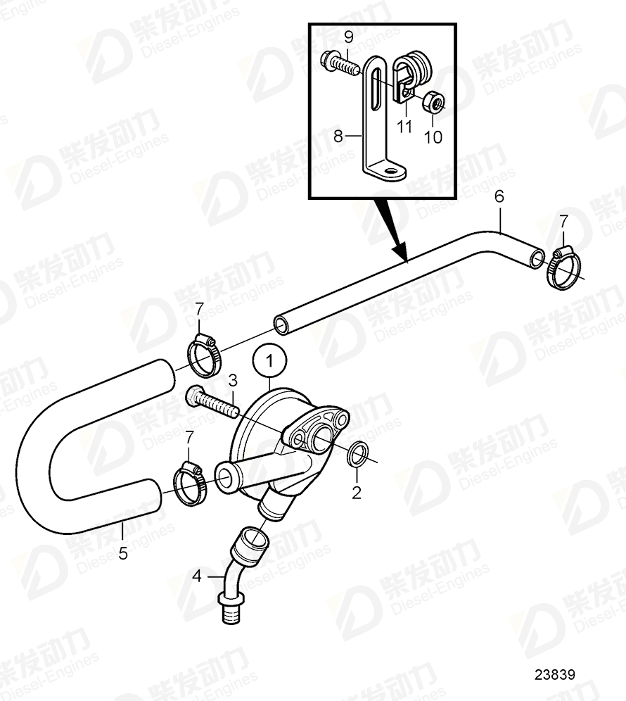 volvo penta Pipe, crankhouse vent. 20886201 Drawing